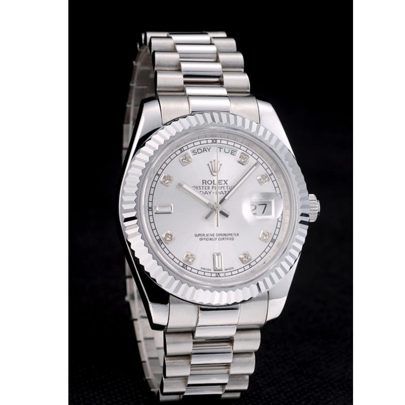 Best AAA Replica Sites Ribbed Rolex Silver DayDate Steel Dial Bezel 41976 Stainless 0706